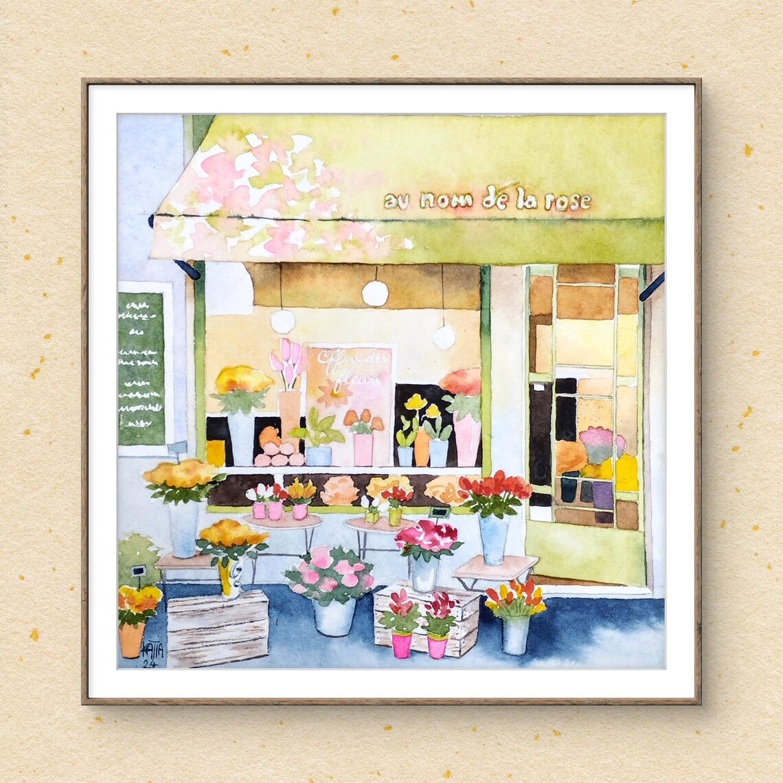 Au Nom De La Rose French Flower Shop Storefront Watercolor Art Poster