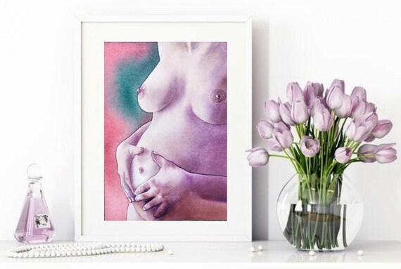 Pregnant Woman Cradling Her Belly Soft Watercolor Maternity Poster