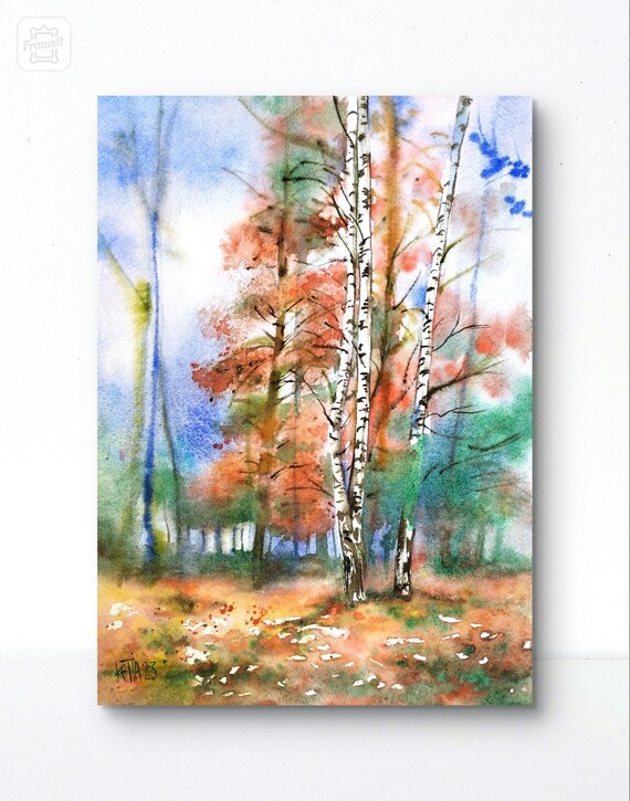 Autumn Birch Forest Watercolor Red Gold Foliage Woodland Landscape Poster