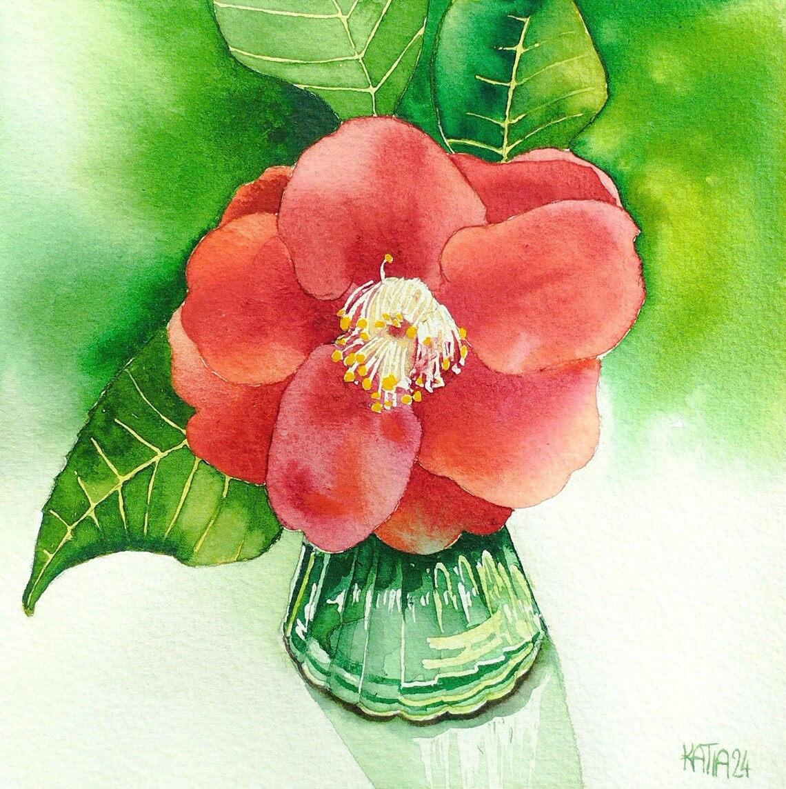 Red Camellia Flower In A Green Glass Vase Watercolor Still Life Poster