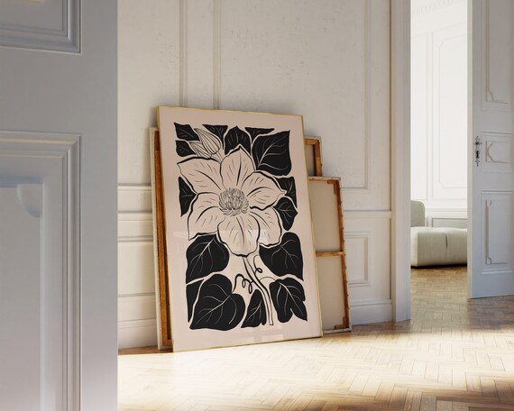 Cream Clematis Flower with Dark Leaves Monochrome Botanical Poster