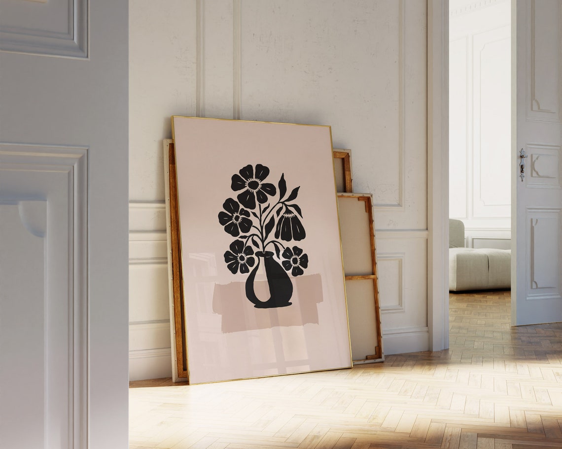 Black Wildflowers in Vase on Beige Minimalist Botanical Poster - Image 2