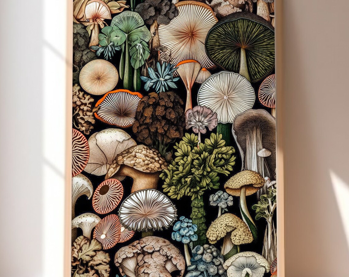 Vintage Mushroom Botanical Illustration Dark Cottagecore Wall Art