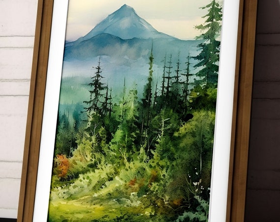 Watercolor Forest Nature Print Forest Print Landscape Art Green Print Foggy Trees Wall Art Decor