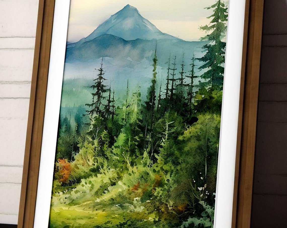 Misty Mountain Pine Forest Green Watercolor Landscape Wall Art