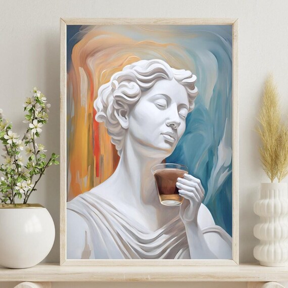 Greek Statue Bust Drinking Vietnamese Coffee Blue Abstract Poster