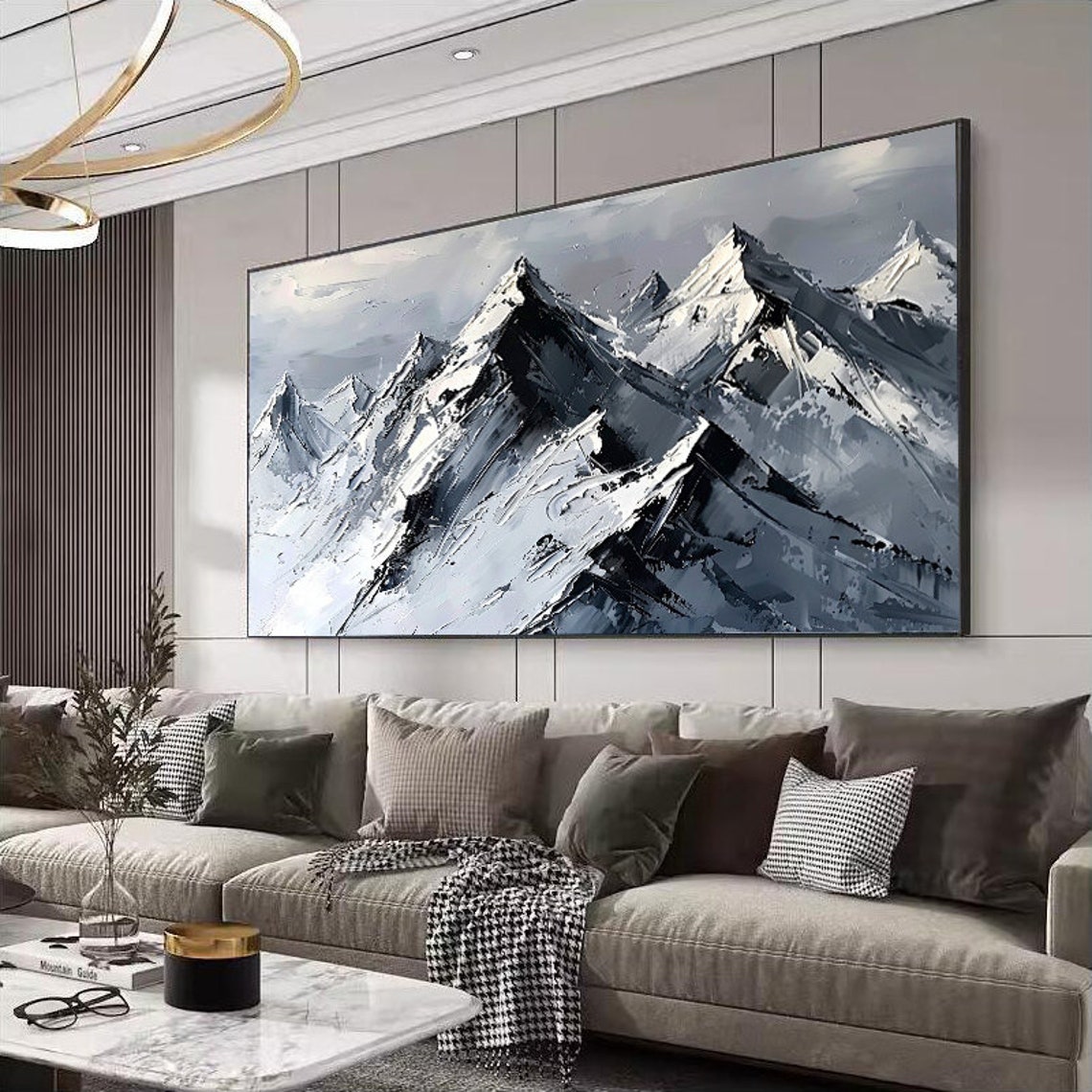 Monochrome Alpine Ridge Panorama Snowy Peaks Mountain Painting Poster - Image 2