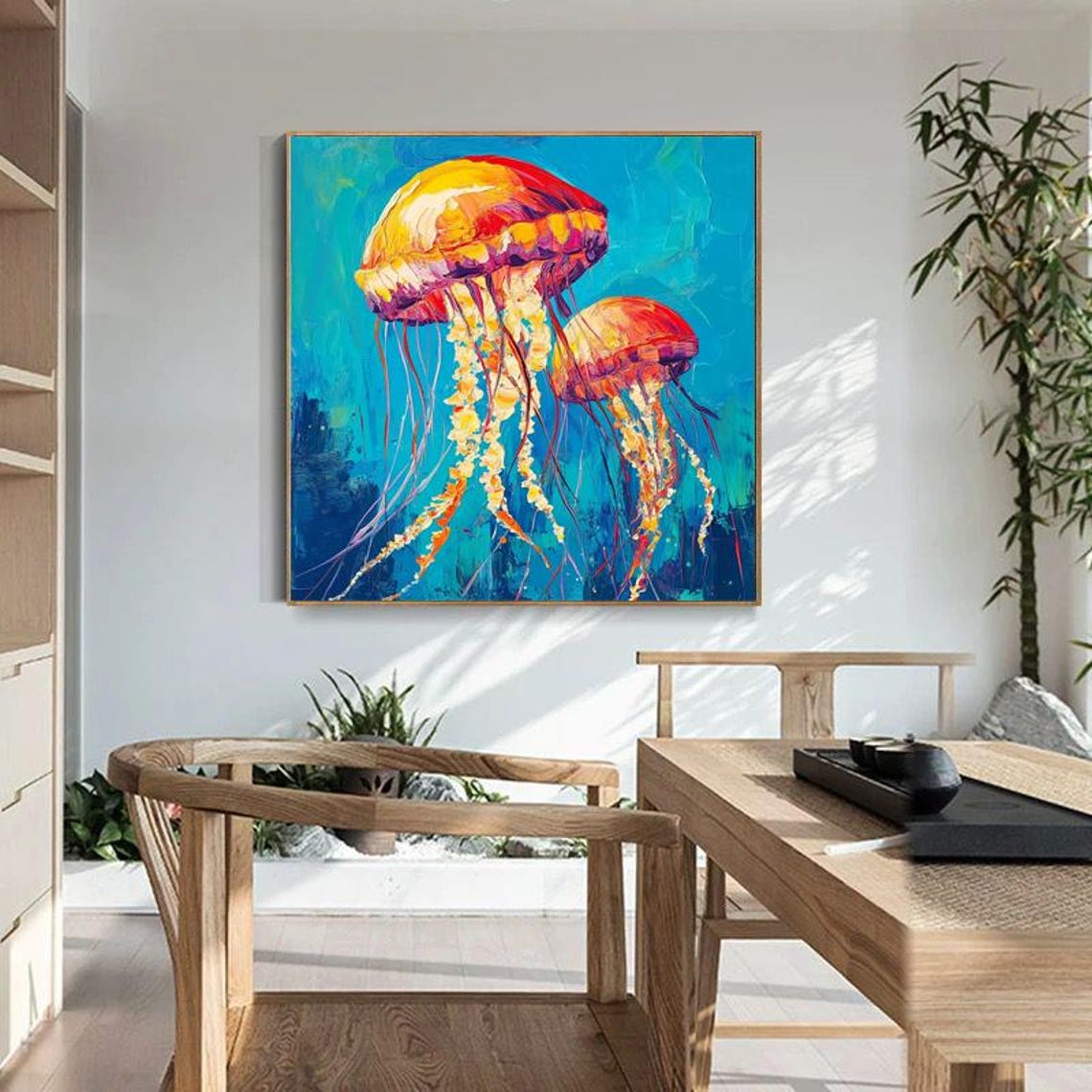 Hand Painted Oil Painting Ocean Creatures Jellyfish Wall Art Original Artwork For Entryway And Dining Room - Image 5