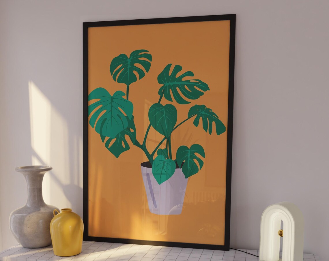 Monstera Potted Plant Illustration Mustard Botanical Art Poster
