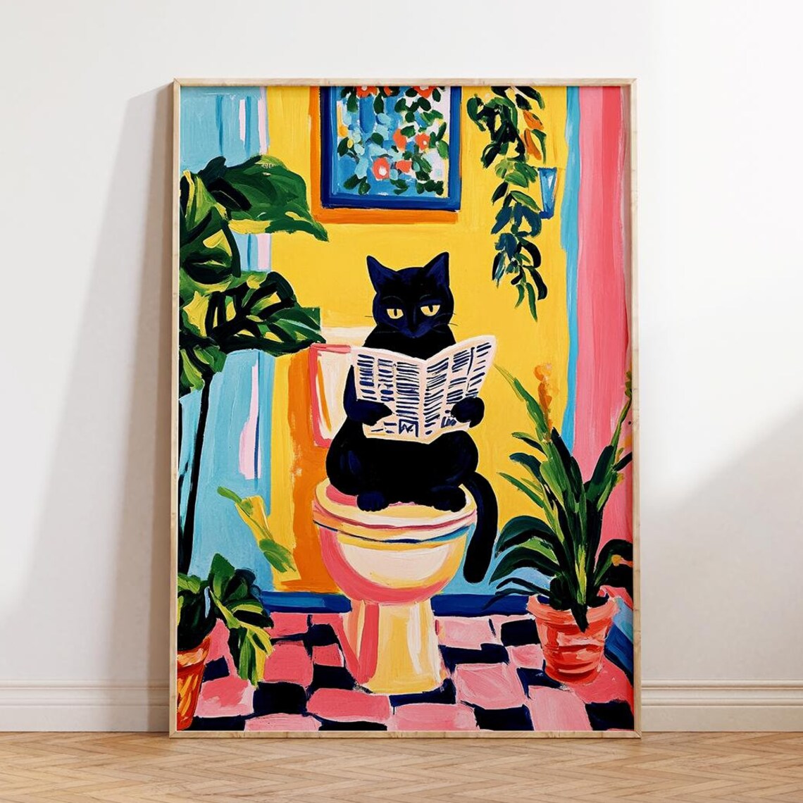 Black Cat Reading Newspaper on Toilet Dopamine Bathroom Decor Poster
