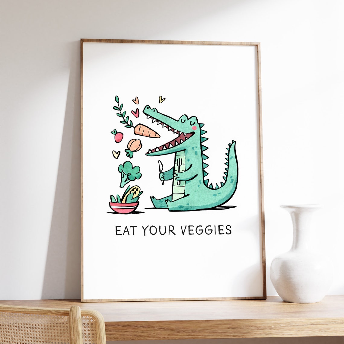 Eat Your Veggies Cute Crocodile Cartoon Kids Kitchen Decor Poster