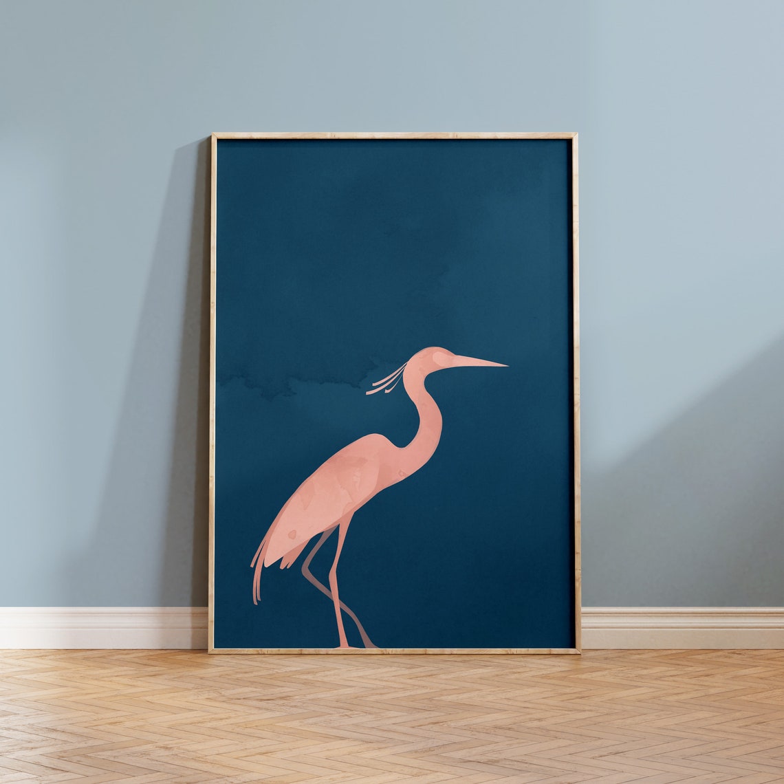 Coral Heron Silhouette On Navy Blue Minimalist Zen Bird Poster