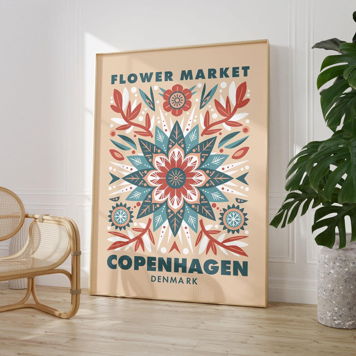 Flower Market Copenhagen Denmark Folk Art Floral Illustration Poster - Image 3