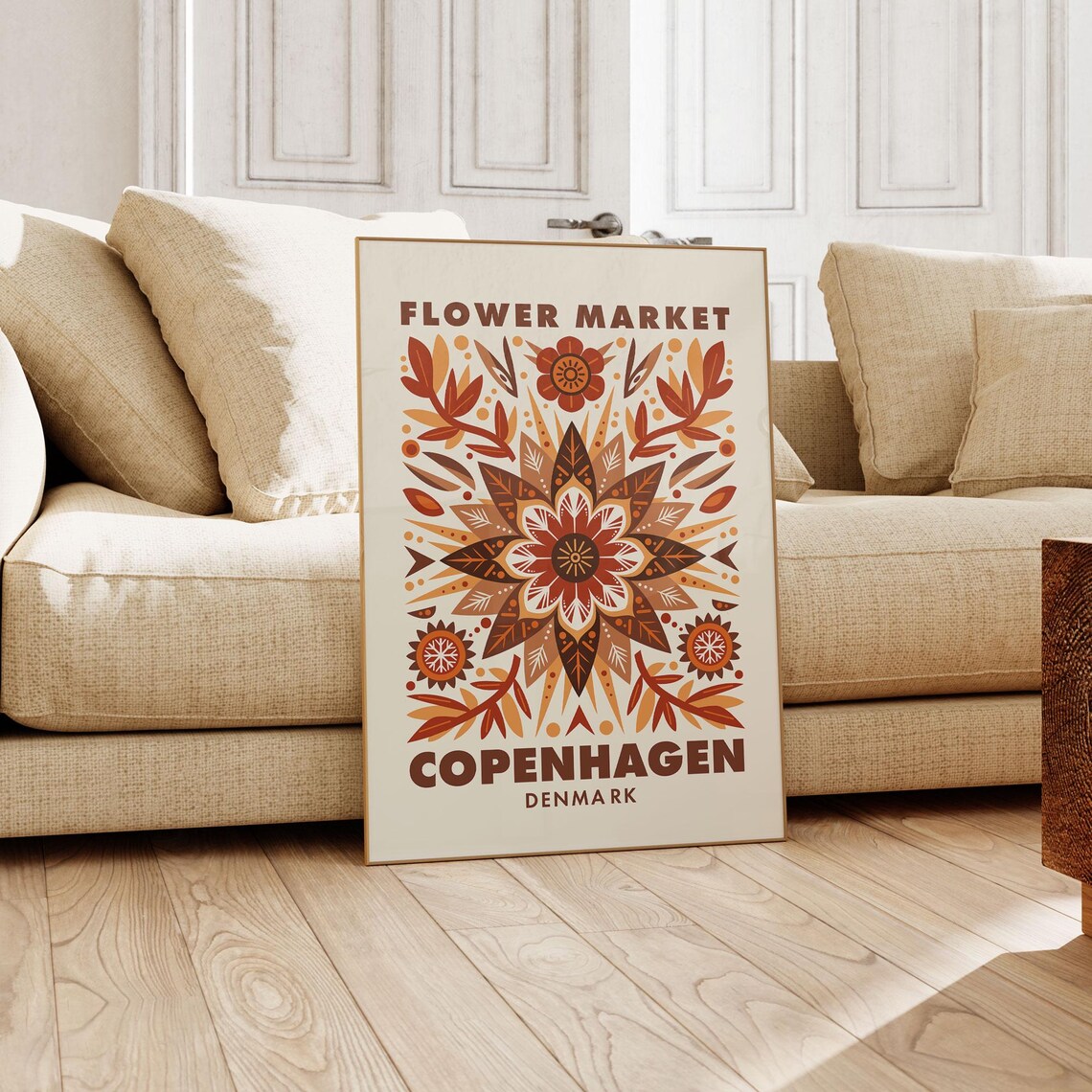 Copenhagen Denmark Flower Market Folk Art Rust Orange Floral Poster - Image 3