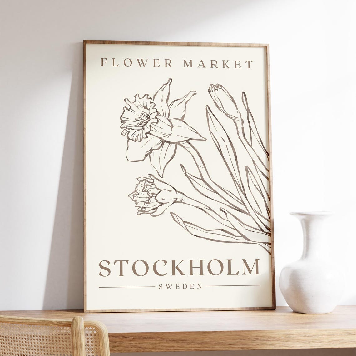 Stockholm Flower Market Print Luxury Minimalist Neutral Wall Art Daffodil Painting Sweden Botanical Print Sweden Travel Poster Wall Art