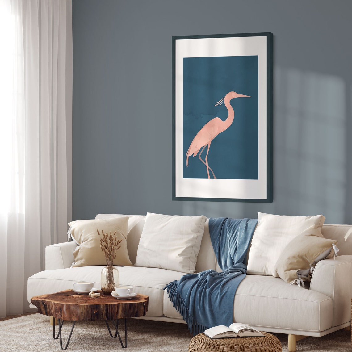 Coral Heron Silhouette On Navy Blue Minimalist Zen Bird Poster - Image 4