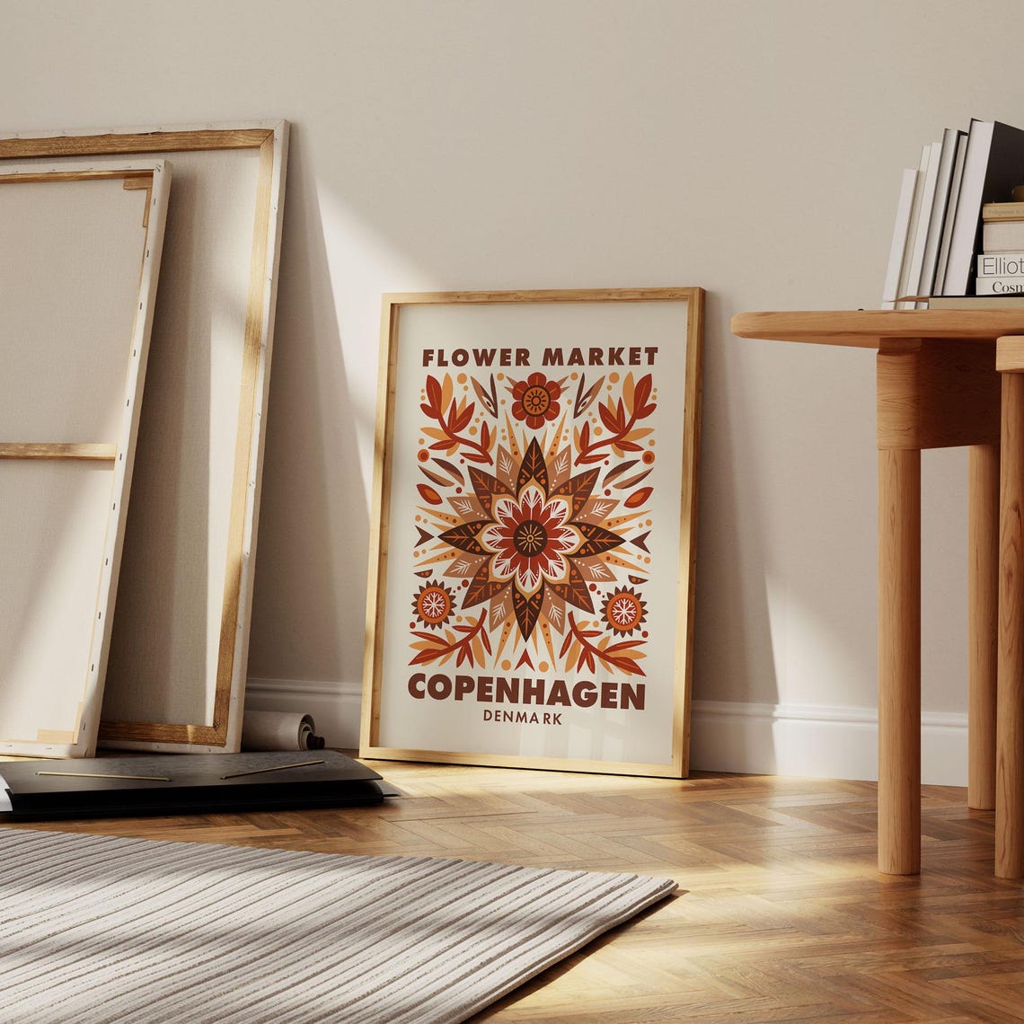 Copenhagen Denmark Flower Market Folk Art Rust Orange Floral Poster - Image 2