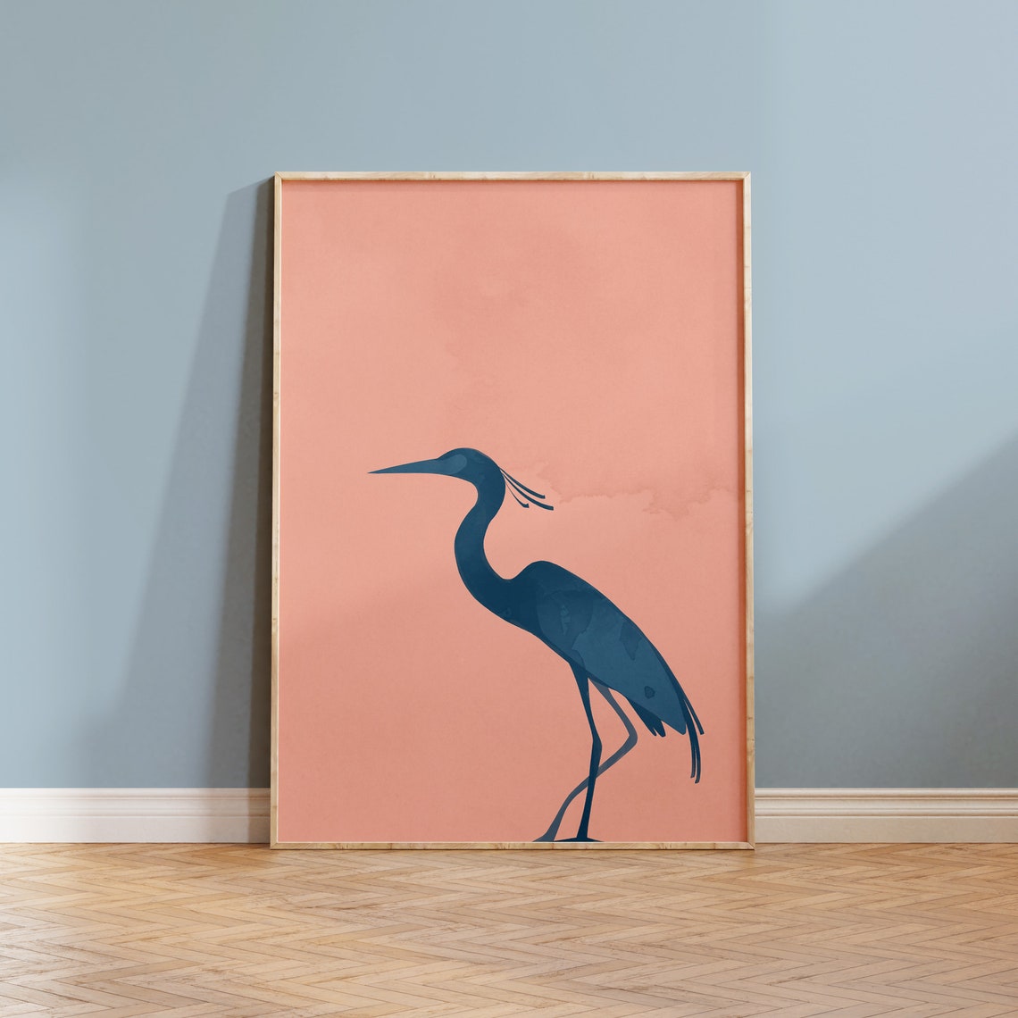 Navy Egret Heron Silhouette On Coral Minimalist Zen Bird Poster