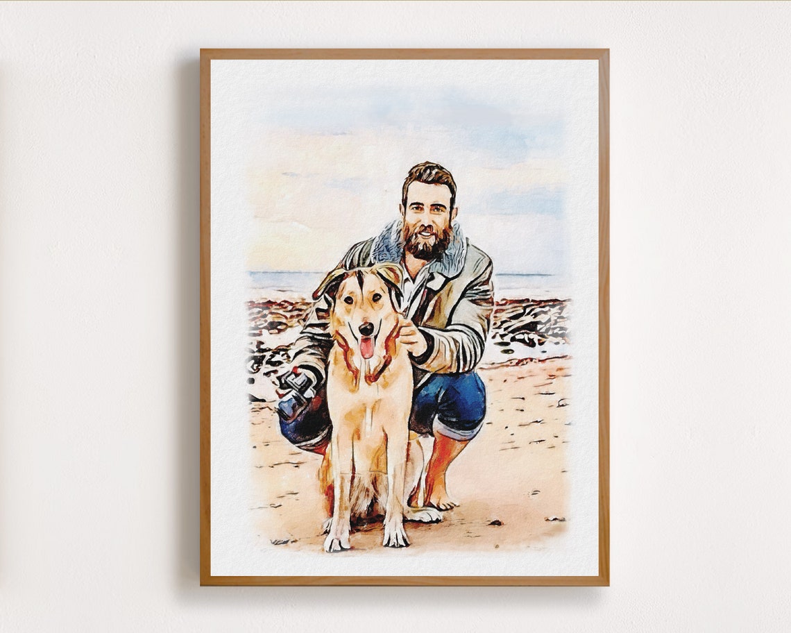 Happy Couple with Two Golden Dogs Watercolor Pet Family Portrait Poster - Image 2