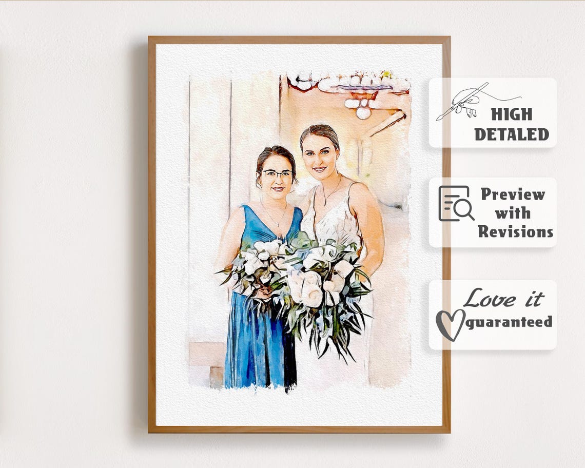 Bride and Bridesmaid Bouquet Wedding Watercolor Portrait Poster