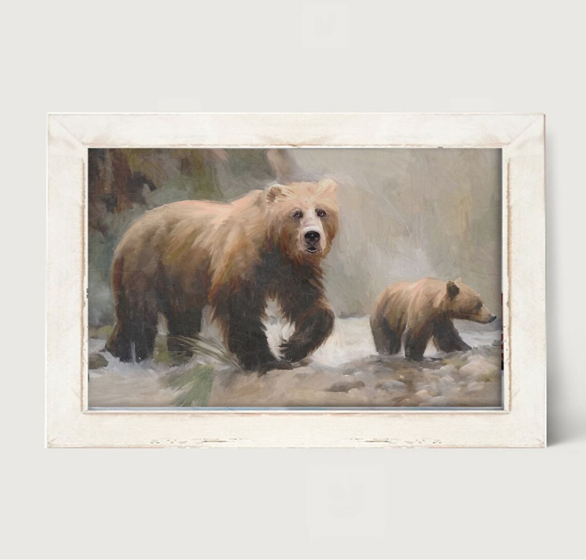 Brown Bear Mother Cub Stream Wildlife Painting Rustic Cabin Framed Poster - Image 3