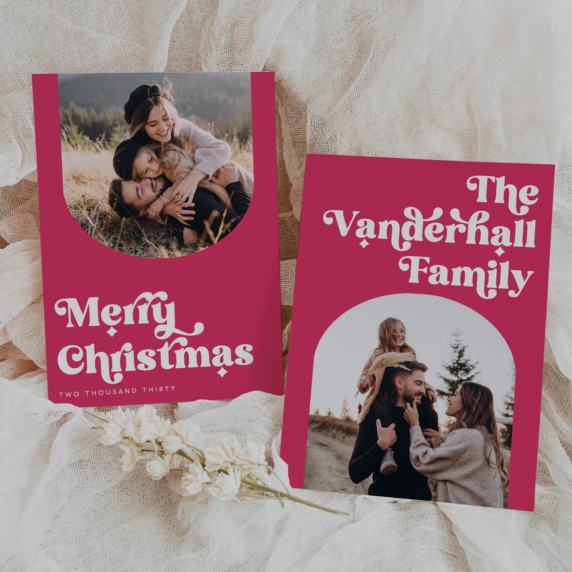 Christmas Photo Card Template Photo Holiday Card Christmas Family Card Retro Christmas Pink Merry Christmas Editable Template - Image 2