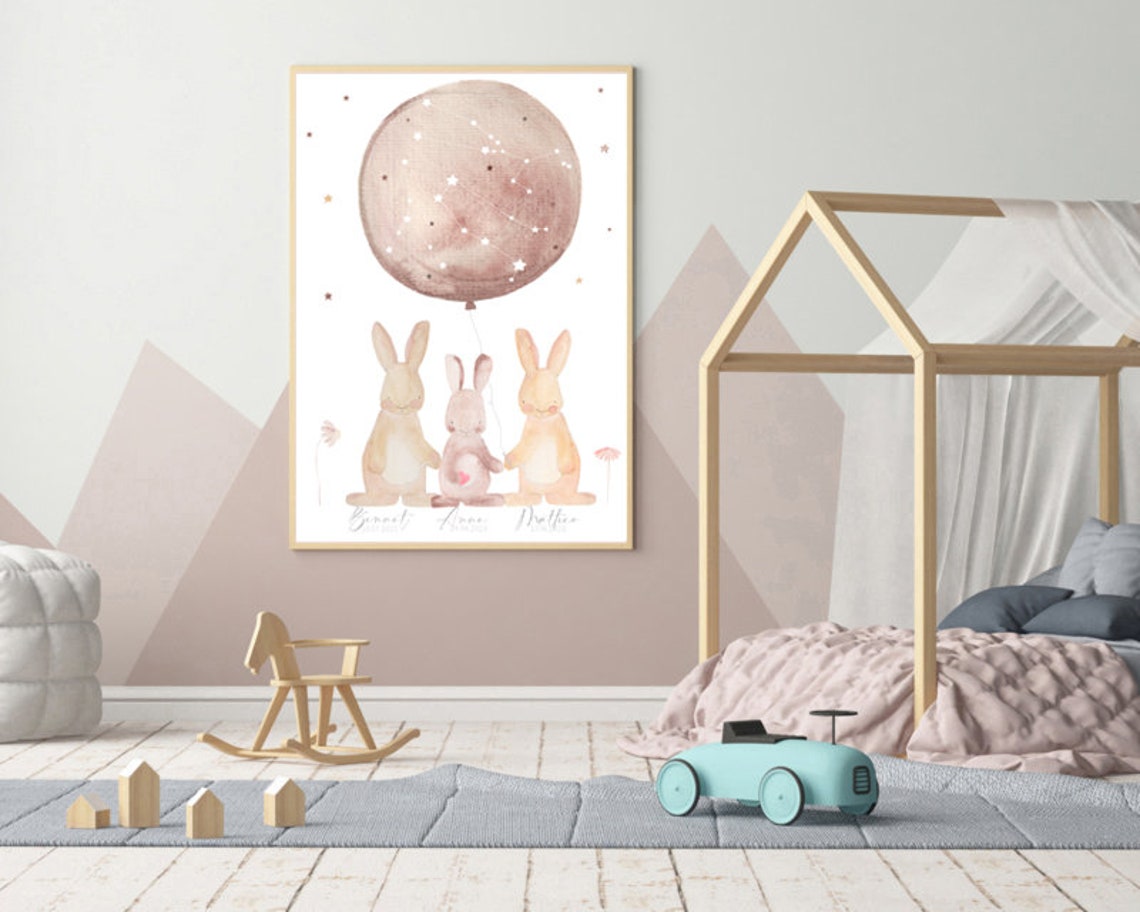 Three Bunnies Balloon Stars Personalized Sibling Names Art Poster - Image 2