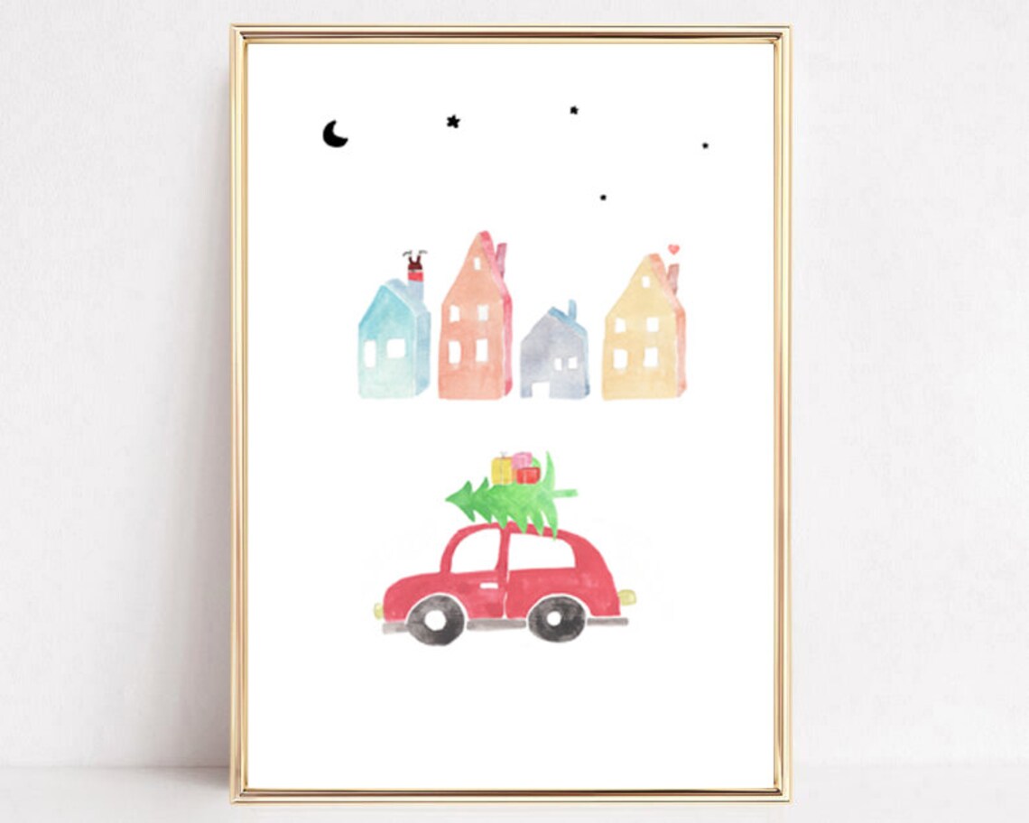 Christmas Red Car Tree Pastel Houses LOVE Stars Holiday Art Poster - Image 2