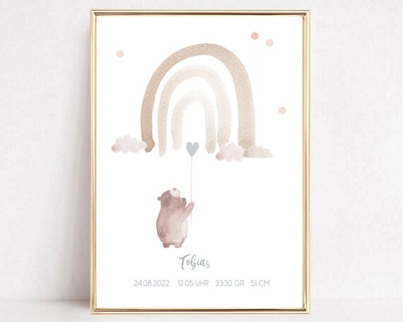 Tobias Personalized Rainbow Bear Birth Details Nursery Print