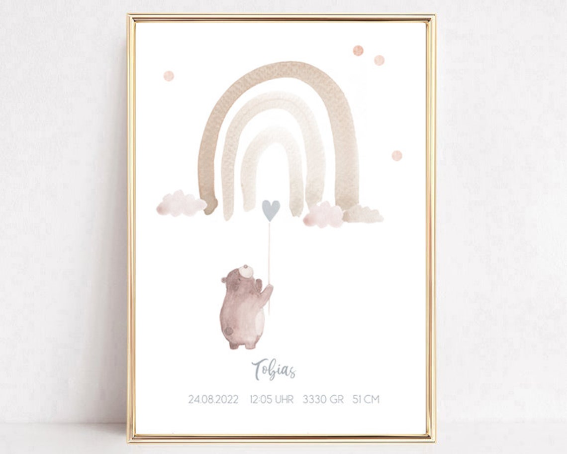 Tobias Personalized Rainbow Bear Birth Details Nursery Print