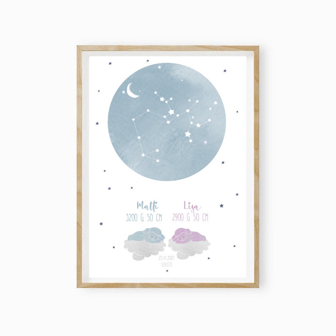 Personalized Twins Birth Announcement Constellation Moon Baby Poster