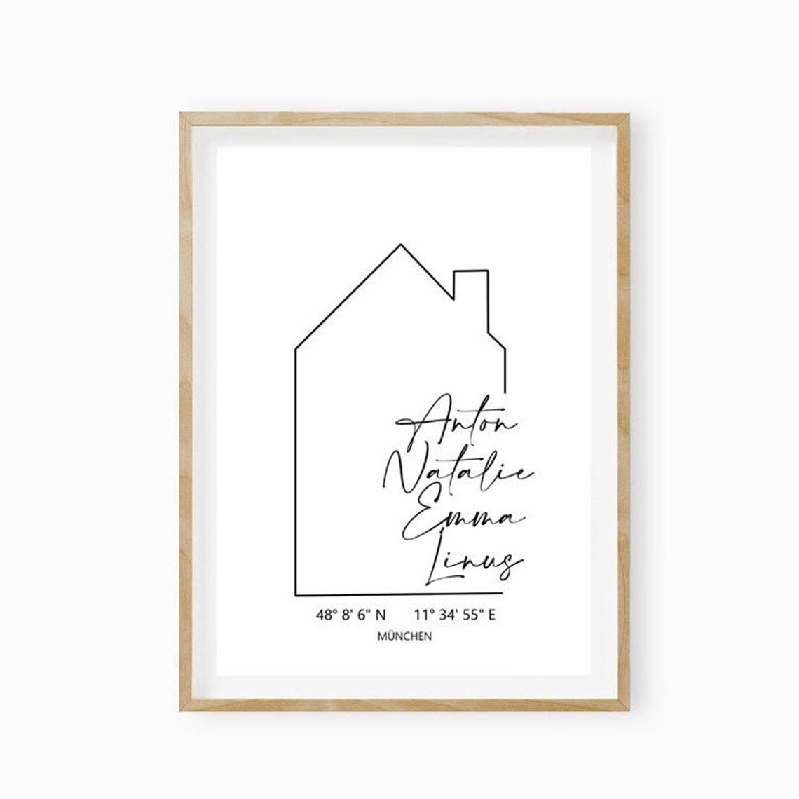 Personalized House Coordinates Family Names Minimalist Line Art Poster