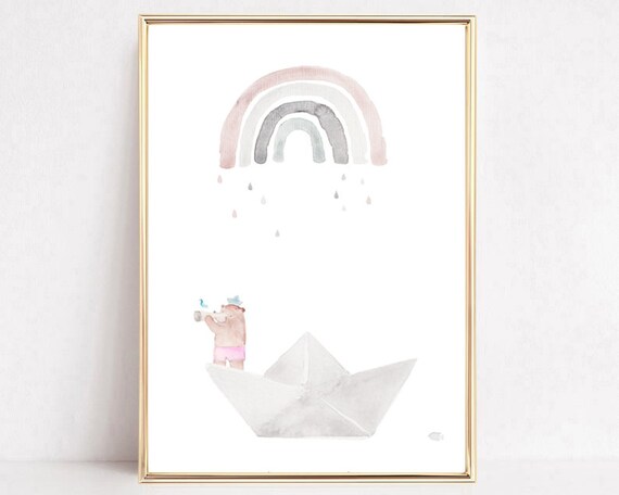 Watercolor Bear in Paper Boat Pastel Rainbow Nursery Print Decor