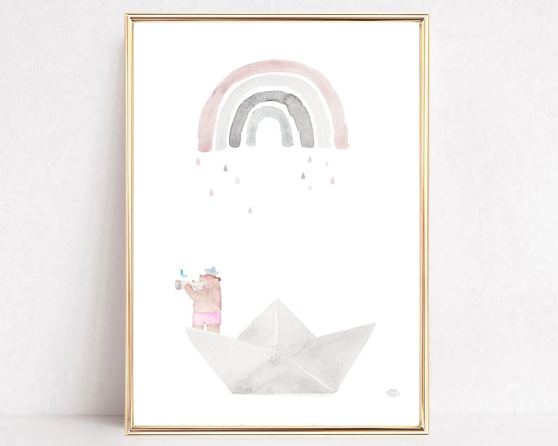 Watercolor Bear in Paper Boat Pastel Rainbow Nursery Print Decor