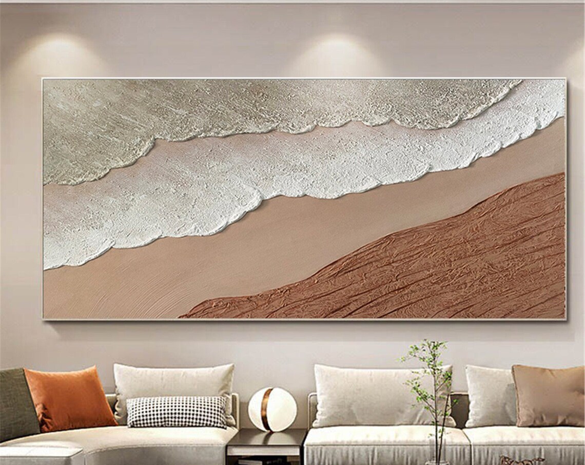 Beige Grey Sea Waves Sandy Shore Textured Panoramic Beach Wall Art - Image 4