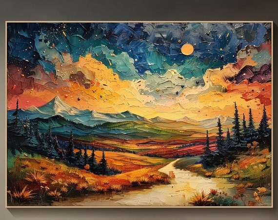 Vibrant Mountain Landscape Oil Painting Sunsetnight Sky Art Large Wall Art For Living Room Contemporary Nature Artwork Modern Home Decor