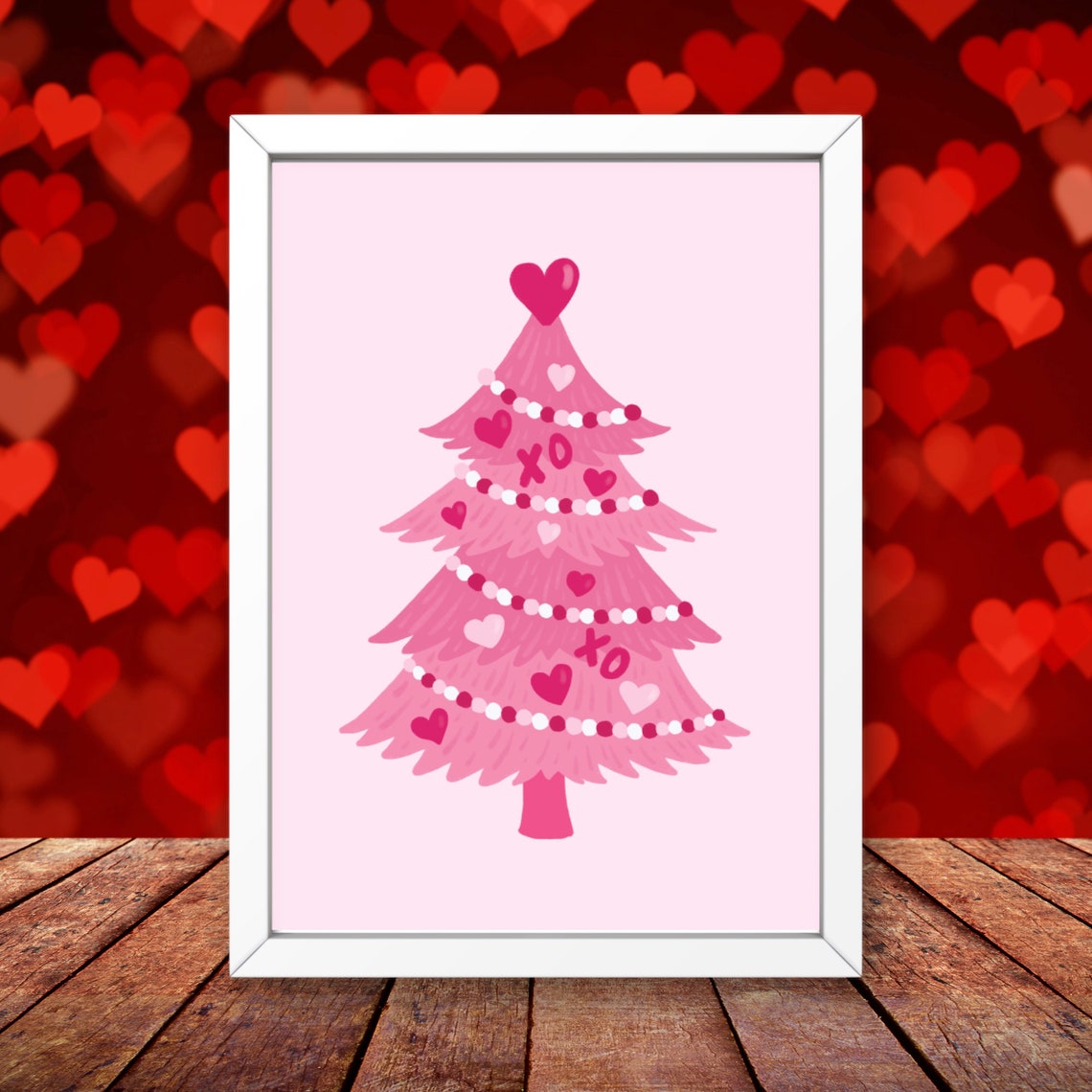 Whimsical Pink Christmas Tree with Hearts XO Garland Holiday Poster - Image 3