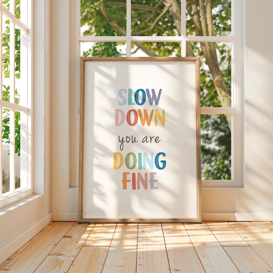Slow Down You Are Doing Fine Rainbow Watercolor Quote Poster - Image 3