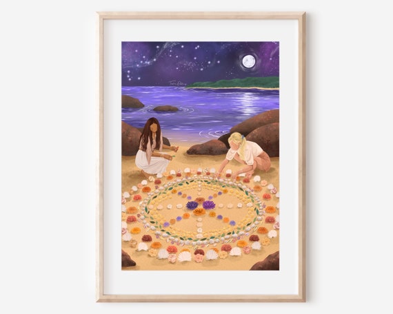 Earth Altar Nature Ceremony Flowers Mother Earth Fine Art Print Wall Decor Poster Spiritual Illustration Celestial Whimsical Moon Ocean