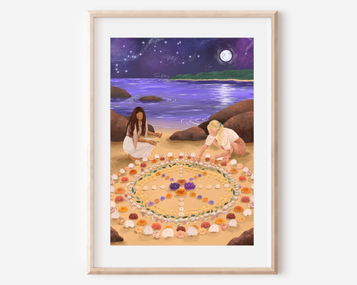 Moonlit Beach Earth Altar Shell Flower Mandala Ceremony Women Poster