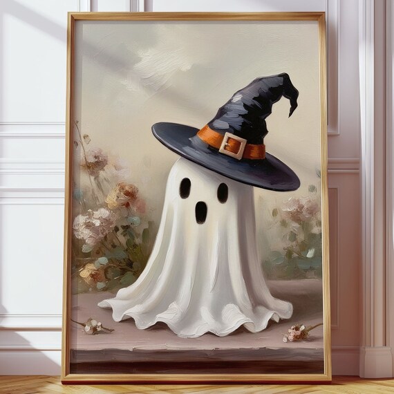 Cute Ghost In A Black Witch Hat With Roses Vintage Halloween Poster