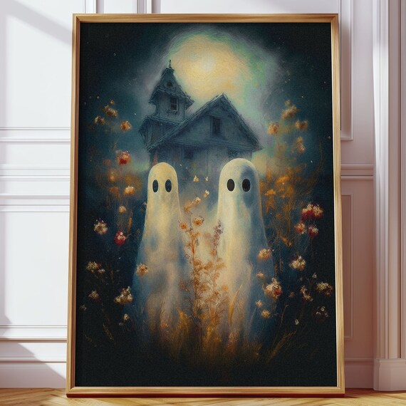Two Ghosts In A Moonlit Haunted Meadow At Night Halloween Poster
