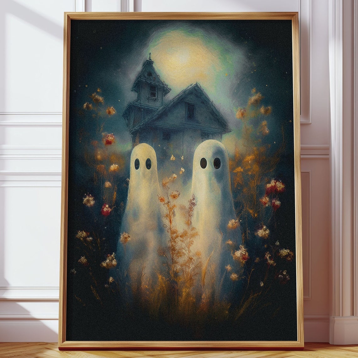 Two Ghosts In A Moonlit Haunted Meadow At Night Halloween Poster