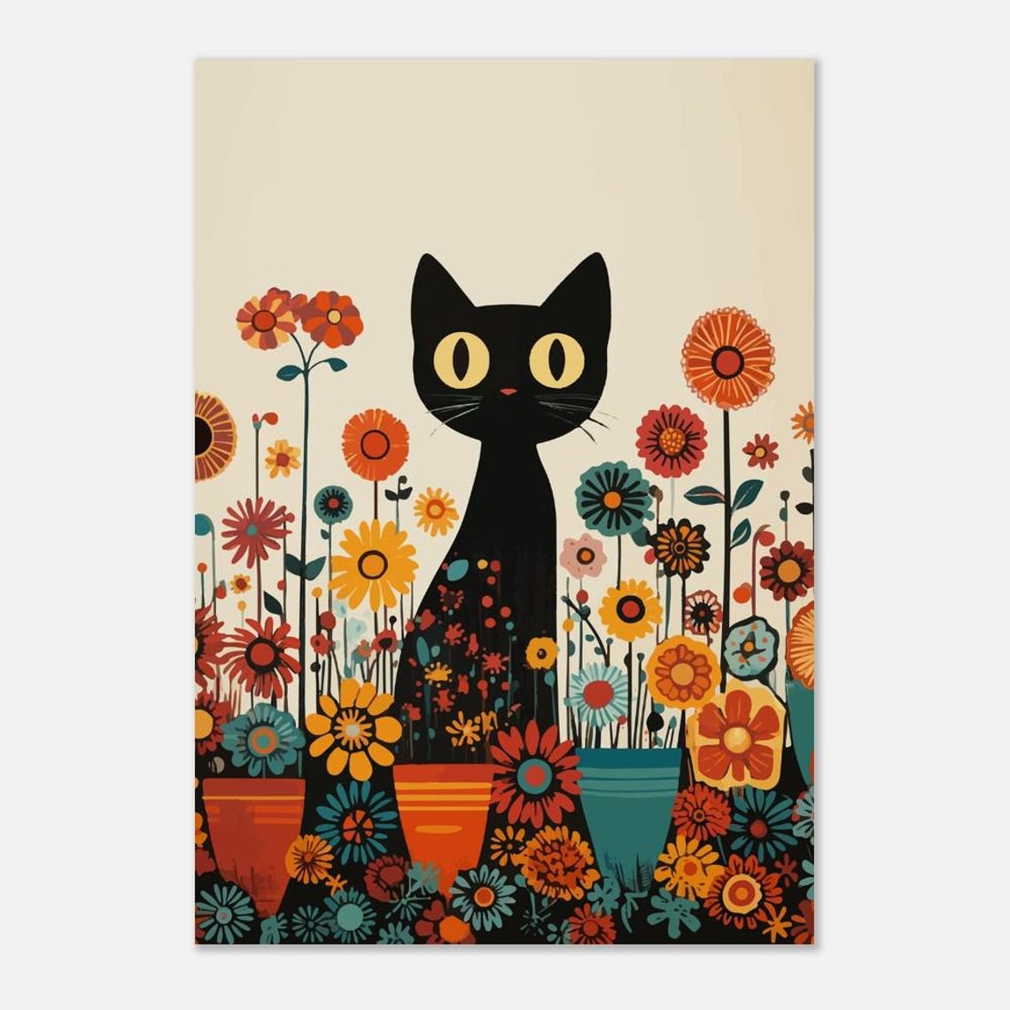 Black Cat Sitting Among Colorful Retro Flowers Folk Art Poster - Image 2