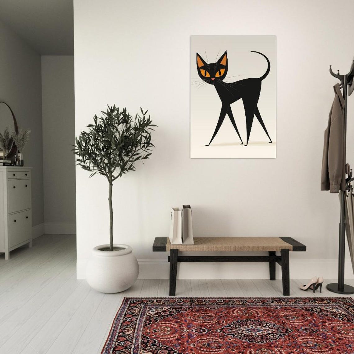 Retro Minimalist Black Cat With Glowing Amber Eyes Illustration Poster - Image 2