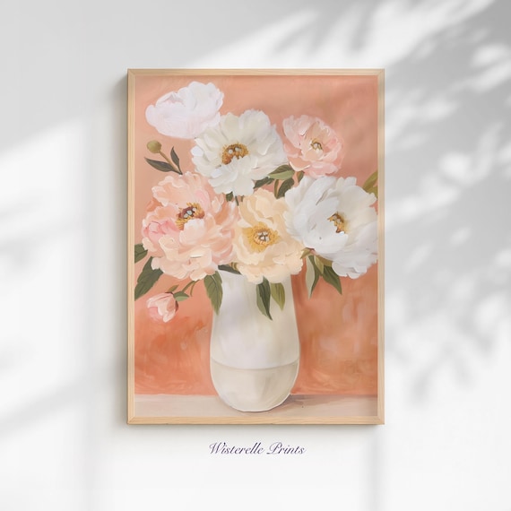 Pink and White Peonies in Vase Peach Floral Still Life Wall Art