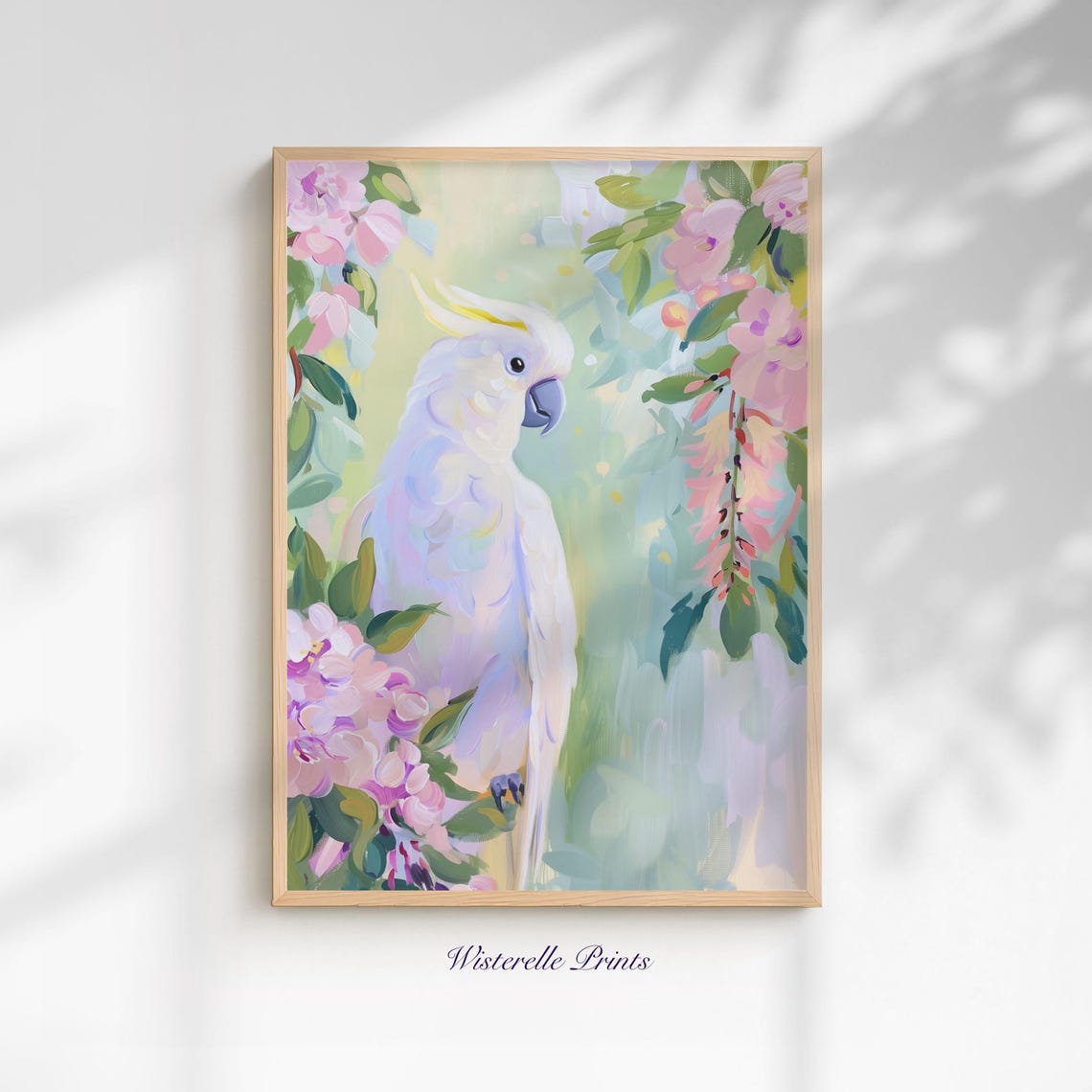 White Cockatoo Pastel Bird Painting Pink Floral Blossom Wall Art
