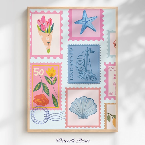Coastal Postage Stamp Collage Starfish Sailboat Shell Art Poster