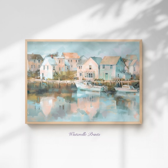 Pastel Coastal Harbor With Cottages and Boats Seascape Wall Art