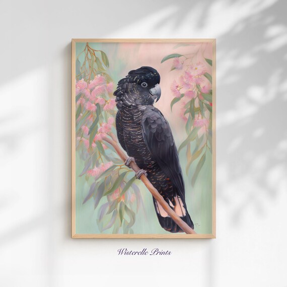 Black Cockatoo Art Print, Pastel Bird Painting